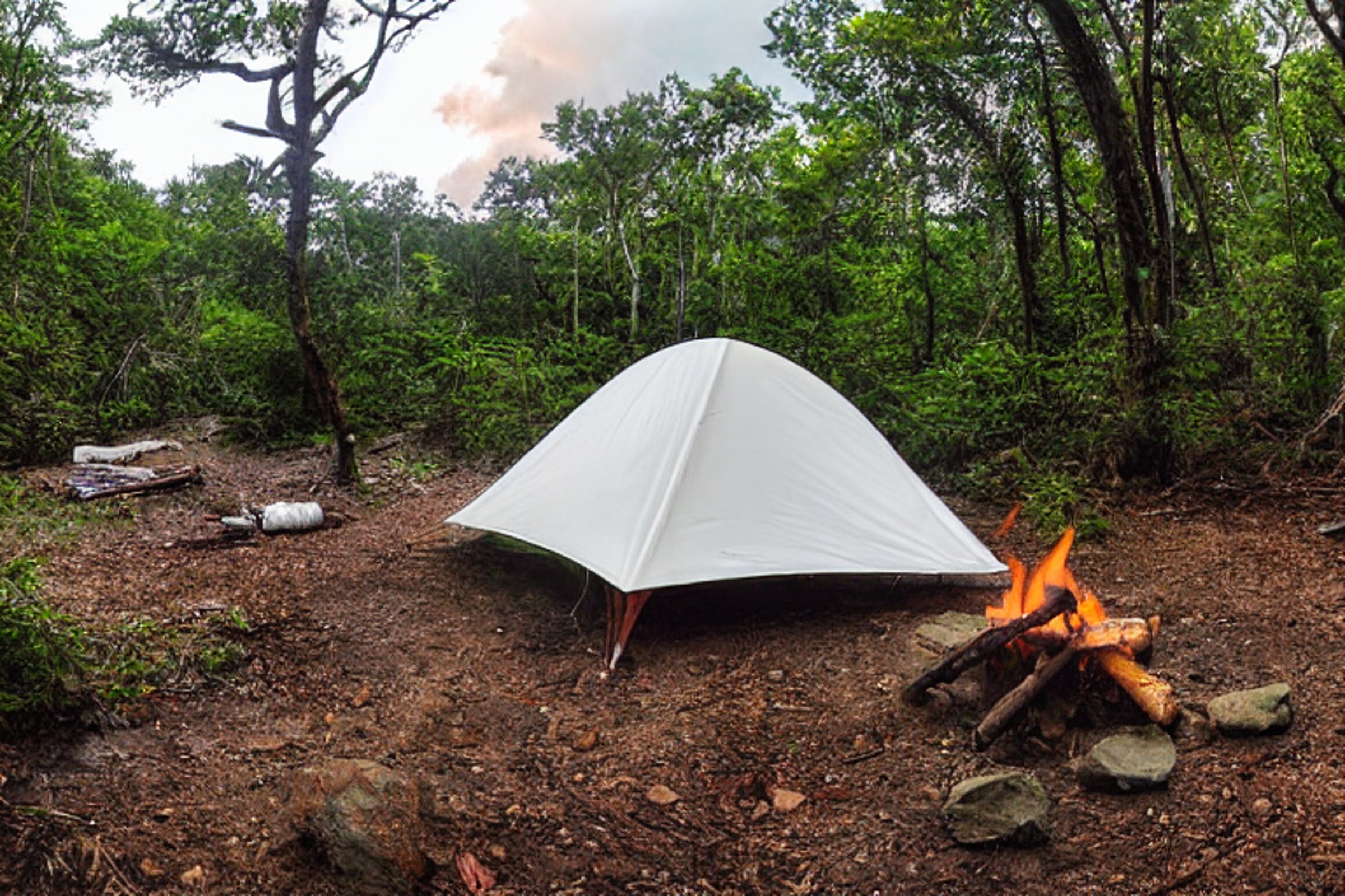 A white tent rests beside a paved campsite in Biscayne National Park as sunrise light breaks through stormy skies. A small stream winds past the dirt path and stone-ringed campfire, creating a peaceful outdoor retreat.