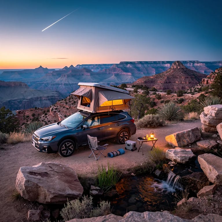 A quiet campsite sits on the edge of the canyon at twilight, with desert bushes, dusty trails, and big weathered rocks all around. A grey car is parked on the dirt with a rooftop tent glowing warm and cozy. Nearby, a tiny spring-fed stream trickles over stones, and a bright meteor cuts across the deep blue sky.