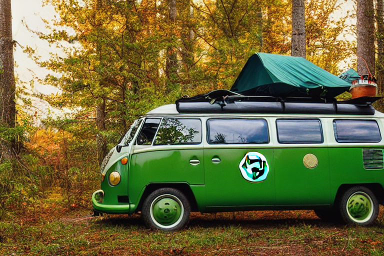 Two green campervans rest beside a glowing campfire on the foggy Maine coast. Fall trees, ocean waves, and a starry sky create a peaceful night scene, with clothes hanging on a line and a distant flashlight shining nearby.