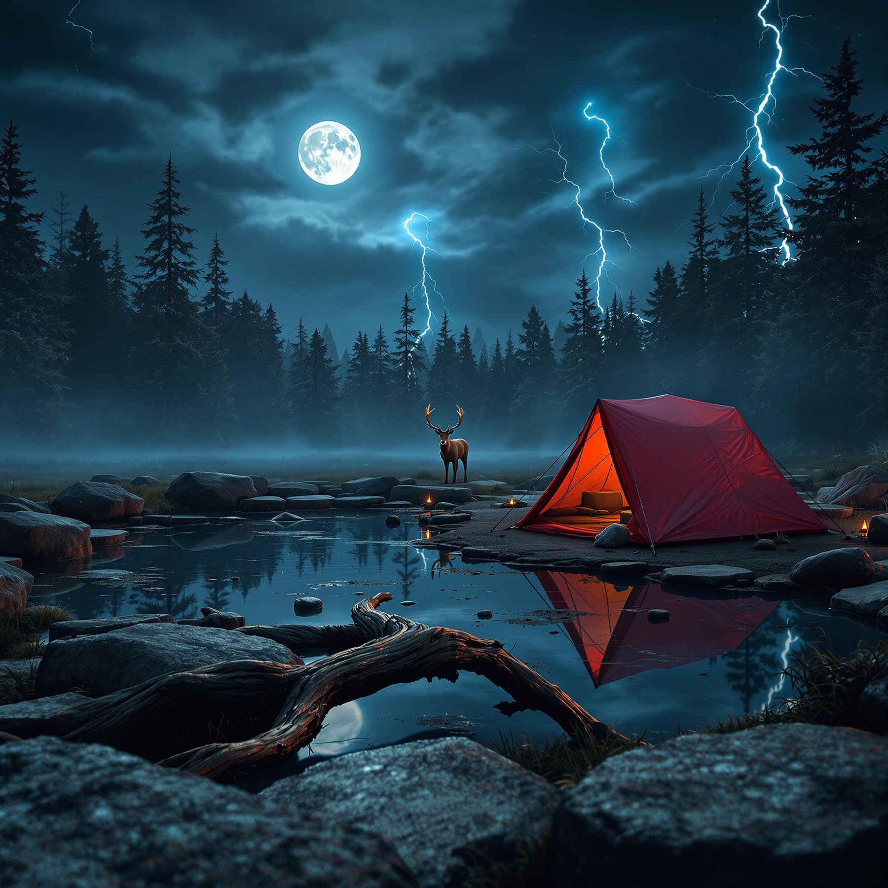 A bright red tent glows under the full moon, reflecting on a calm forest pond. Tall trees stand around, while a majestic deer watches, and lightning lights up the cloudy night sky. It's a magical and mysterious campsite adventure!