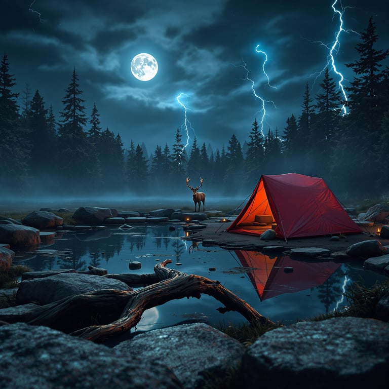 A bright red tent glows under the full moon, reflecting on a calm forest pond. Tall trees stand around, while a majestic deer watches, and lightning lights up the cloudy night sky. It's a magical and mysterious campsite adventure!