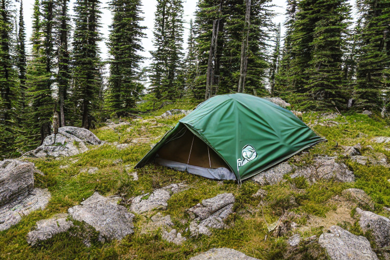 A green two-person tent rests on a rocky dirt campsite in Banff National Park. Mossy trees, rolling hills, and stone-covered ground surround the site as warm sunset light fills the sunny scene.