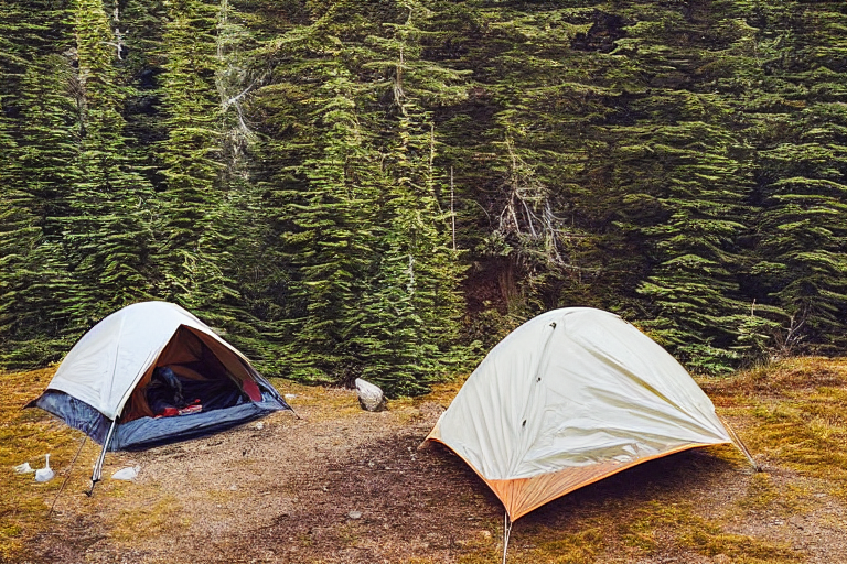 Two tan tents sit beside a warm campfire as the sun rises over rolling hills in Washington. Hikers gather near a camping stove, with snowy peaks, winding streams, and shining waves nearby.