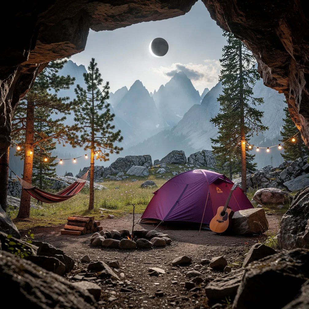 A rocky cave opens onto a quiet forest clearing in the Canadian Rockies, with hazy mountains in the distance. A bright purple tent sits on the packed earth, with a guitar nearby and a hammock strung between tall pine trees. A stone fire ring and a neat stack of firewood wait close by, while warm string lights glow softly under the dim eclipse sky.
