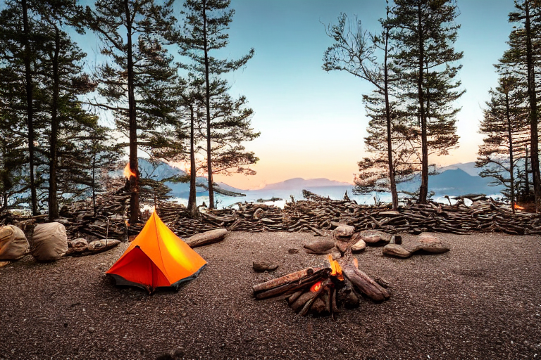 A cozy tent rests beside a warm campfire on a quiet dirt clearing. Small trees and wildflowers surround the campsite, while logs and stones ring the fire. Above, bright green auroras glow across the clear night sky.