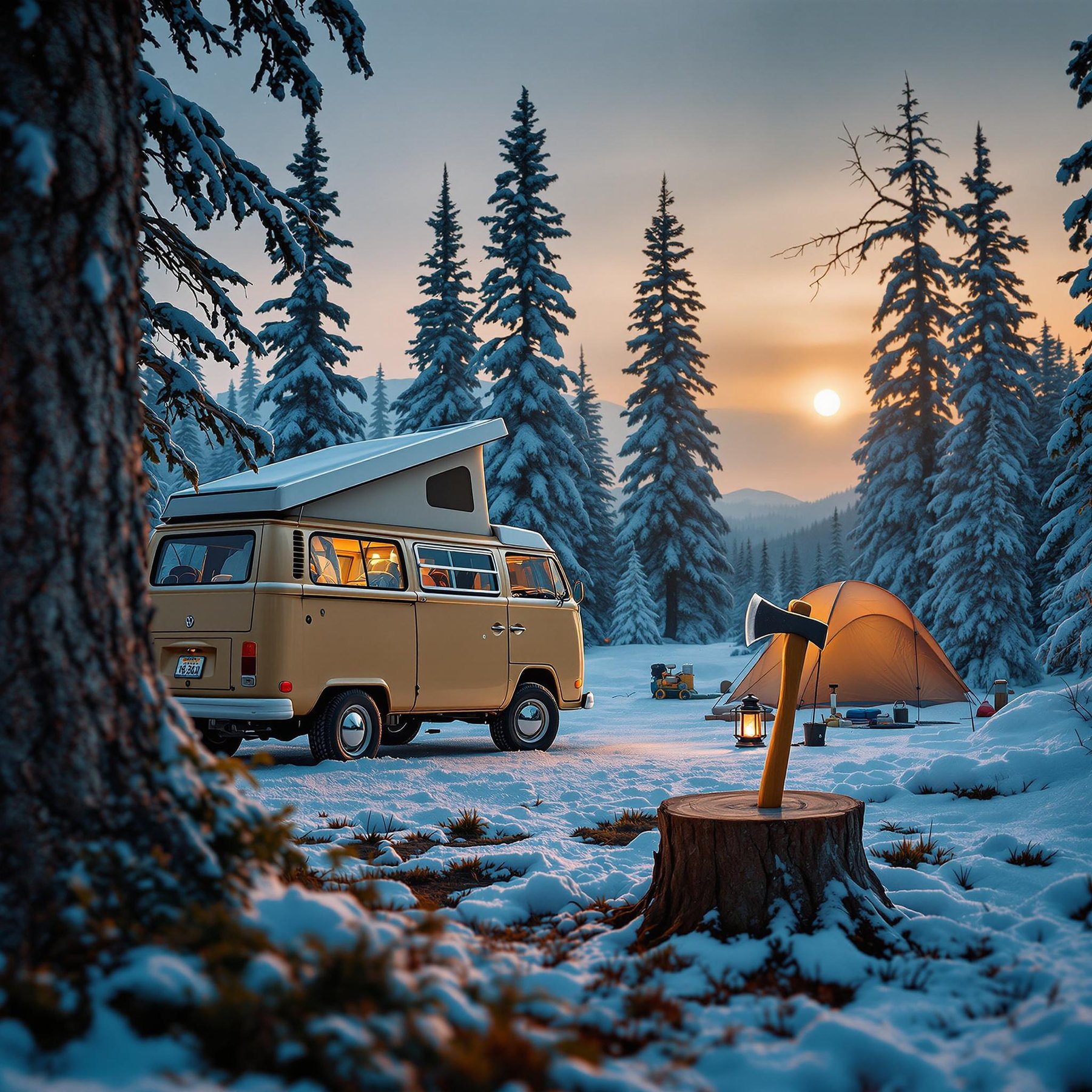 A cozy campsite sits in a snowy forest, with tall pine trees all around. A warm yellow van and a bright orange tent glow under the soft sunset. An axe is ready on a tree stump, perfect for a night by the fire.