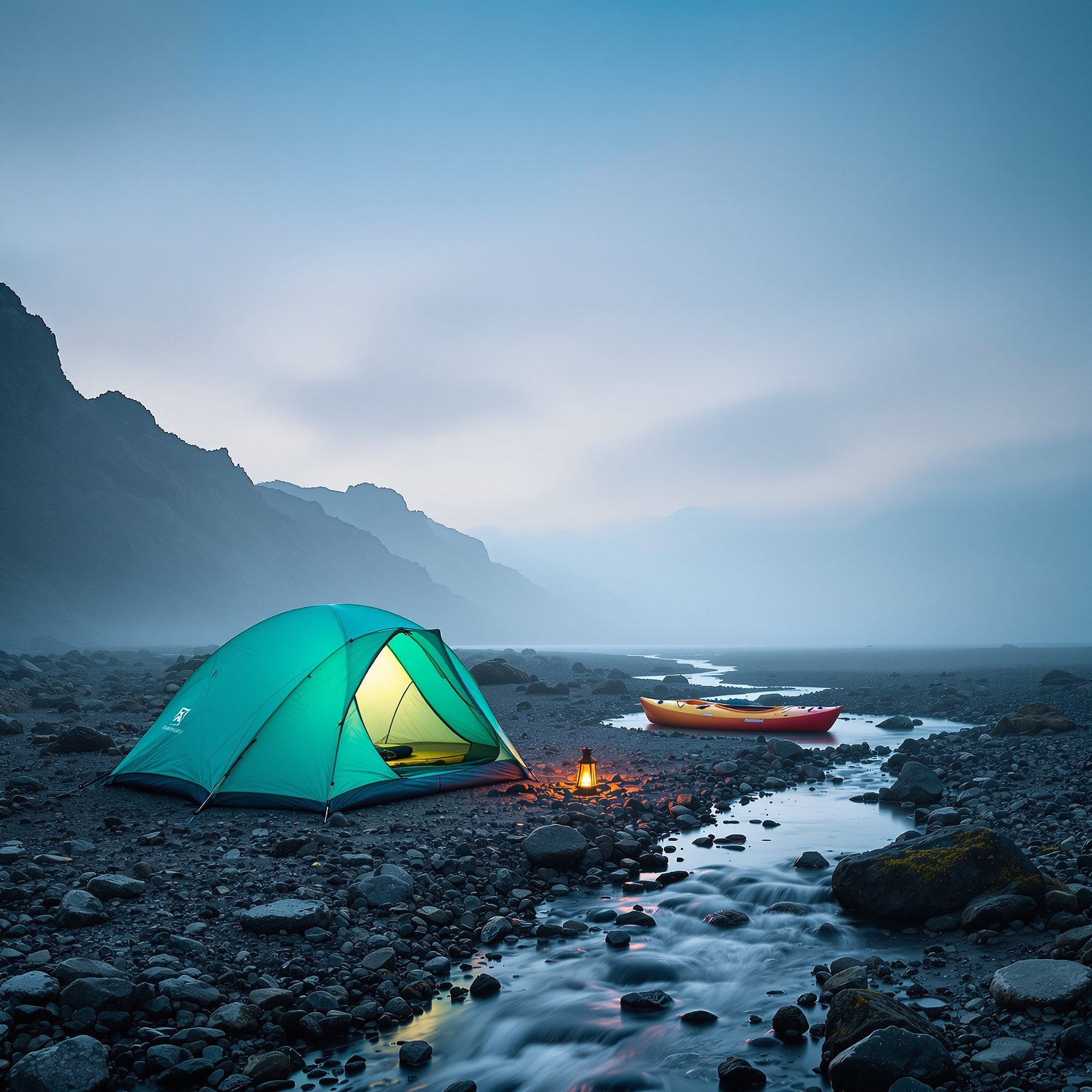 A bright tent sits by a bubbling stream with tall mountains all around. The misty air feels calm and cool. A little boat and lantern add to the peaceful scene.