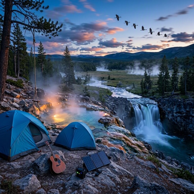 Two sky-blue tents rest on a rocky overlook beside a steaming hot spring and silky waterfall. In the cool blue twilight, a guitar, solar panel, and rope swing add a cozy touch, while cranes fly over the distant meadow.