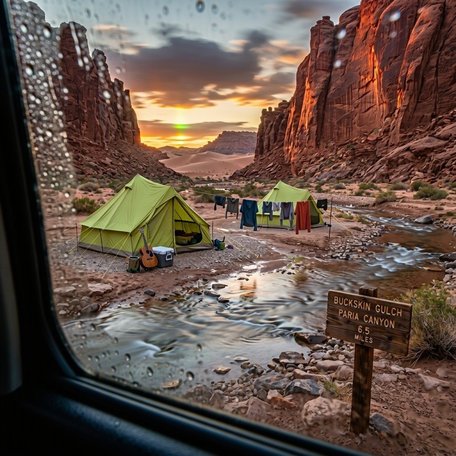 Two bright green tents sit beneath towering red sandstone walls in a quiet desert canyon. A shallow stream winds past the camp, while a guitar rests beside a cooler. Warm sunset light and soft clouds create a peaceful evening glow.