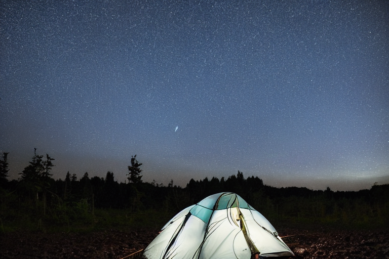 A bright blue tent rests on a dirt campsite beside a quiet lake. Rainy air surrounds the camp, while stars shine above and stones scatter across the ground. A warm lantern glows nearby, and a person’s flashlight lights the night in the distance.