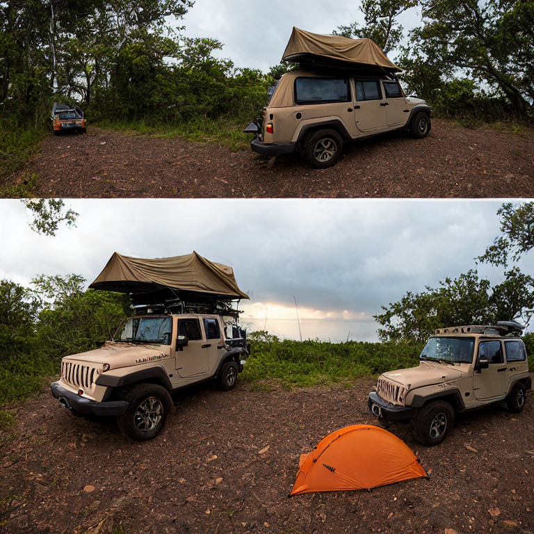A tan Jeep with an open rooftop tent rests in a quiet dirt campsite under a star-filled, stormy sky. A warm campfire, glowing lantern, and scattered leaves create a cozy feeling in Biscayne National Park.