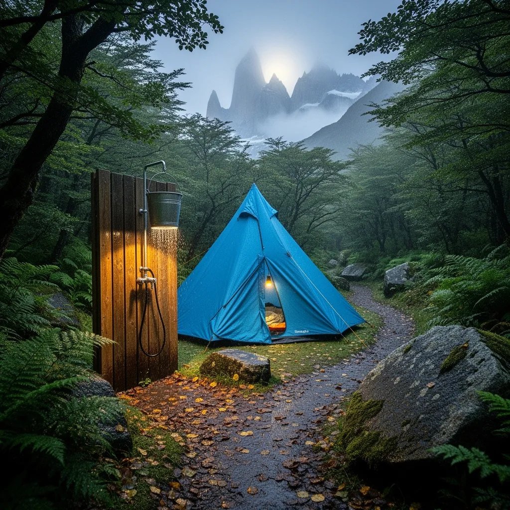 A steel-blue tepee tent peeks out from a small clearing deep in a misty forest. Wet ferns and mossy rocks surround the campsite, shining softly in the cool afternoon light. A simple outdoor shower stands nearby, and a narrow trail leads off toward hidden mountain peaks in the fog.