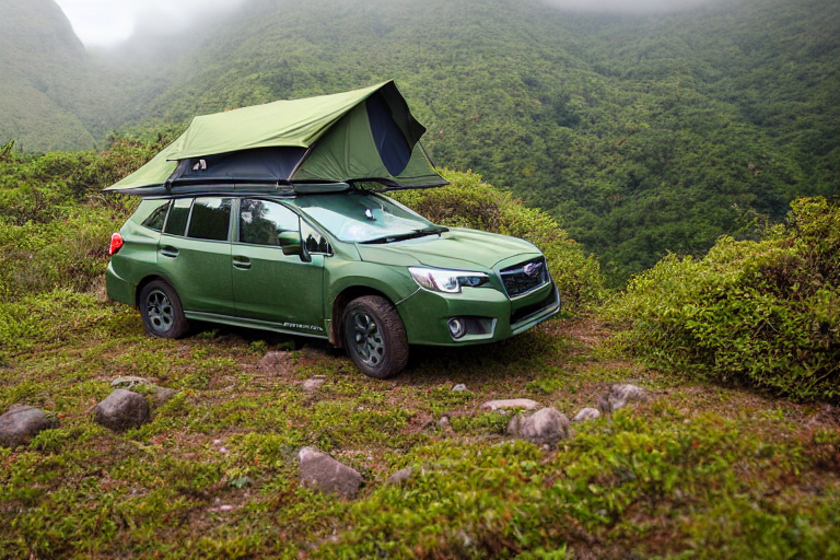 A green camo Subaru sits at a quiet dirt campsite in Soufrière, St. Lucia, with its rooftop tent open beneath colorful trees. Misty air, scattered boulders, and stones create a cool, peaceful night setting, while a backpack rests nearby.