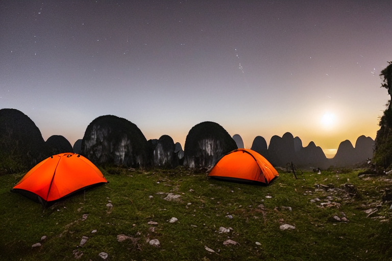 A gray and orange tent glows beside a warm campfire as sunrise lights snowy Halong Bay. Camping chairs sit on the rocky ground near a small dirt clearing, with tall cliffs rising in the distance.