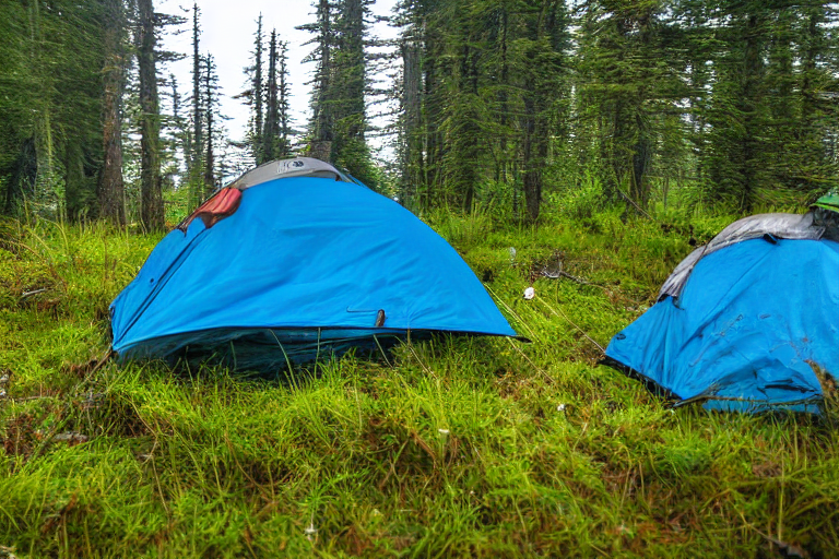 A cozy tent rests on a dirt campsite in the quiet Alaska wilderness. Mossy trees and tall grass surround the rocky ground, while a box of camping gear sits nearby. Above, a clear night sky stretches across the scene.