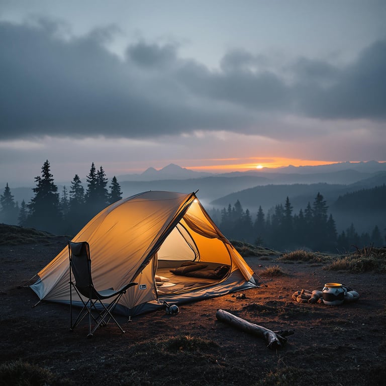 A beige tent rests in a quiet forest clearing on Vancouver Island. Mist drifts through the air as the setting sun glows behind the mountains. A camping chair and small twig sit nearby, while a warm flashlight shines inside the tent.