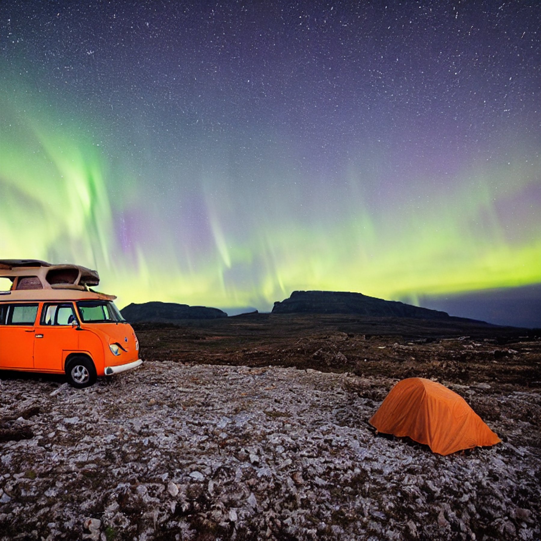 An orange VW campervan rests on a quiet, snowy campsite beneath bright green auroras. Rough stone ground and a dirt patch surround the van, while a deer stands in the distance.