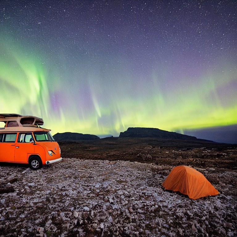 An orange VW campervan rests on a quiet, snowy campsite beneath bright green auroras. Rough stone ground and a dirt patch surround the van, while a deer stands in the distance.