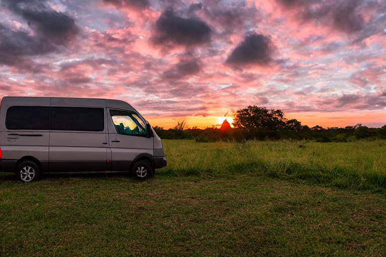 A forest-green camper van rests on a dirt clearing surrounded by tall grass, bushes, and small trees. A warm campfire glows beneath the cloudy sunset sky, while a deer stands quietly in the distance.