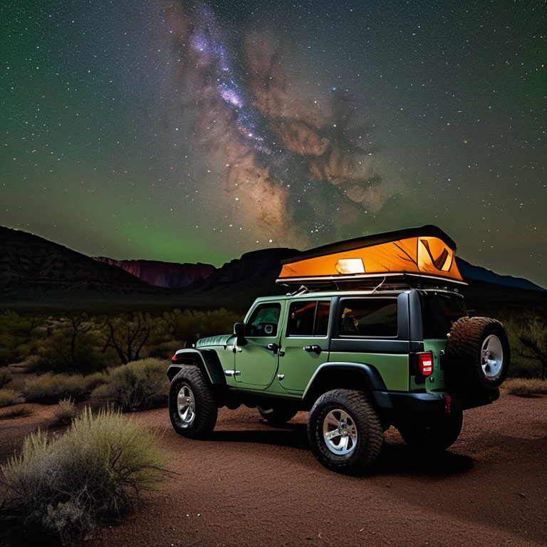 A green Jeep with an open rooftop tent rests on a quiet dirt campsite beneath a starry sky. Mountains, berry bushes, scattered stones, and a clothesline add charm to the rainy Big Bend night.