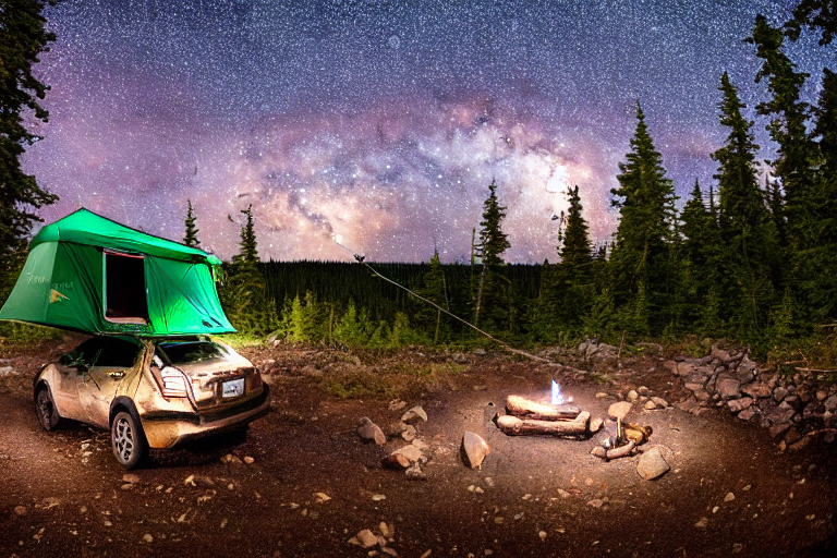 A green Subaru with a rooftop tent rests in a quiet Alaskan forest under a starry, stormy sky. A warm campfire glows among logs, boulders, and broad stone slabs, while a hammock hangs between the trees.