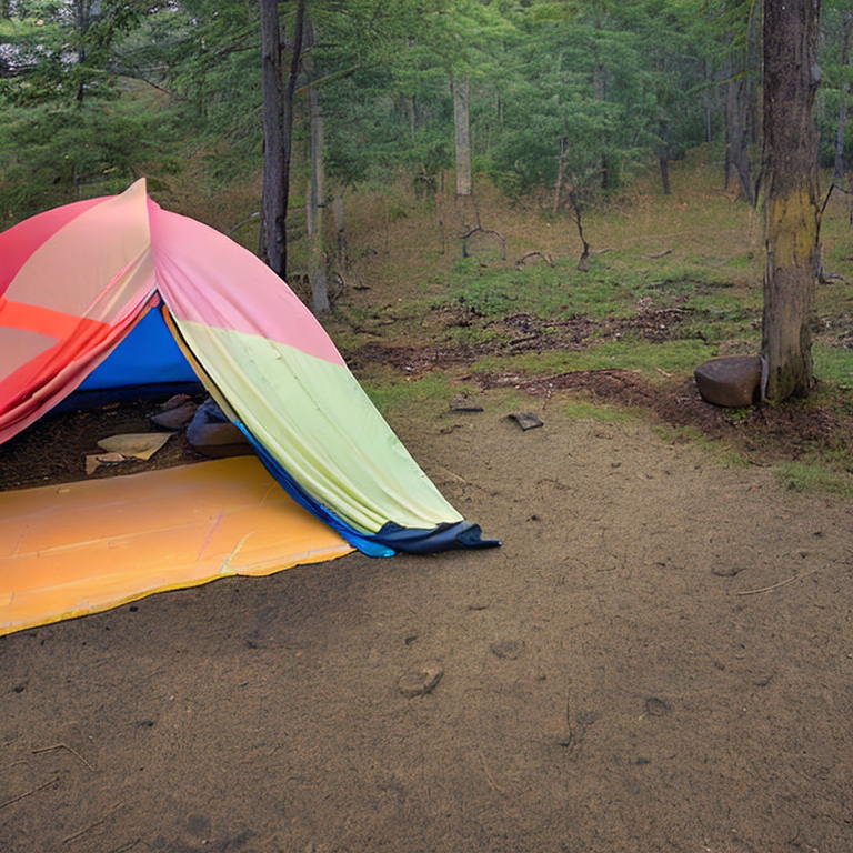 A colorful two-person tent rests on a dirt clearing in the Smoky Mountains. A small campfire, stone ring, and picnic table sit among the young trees. Soft golden light and gentle fog create a calm, cozy mood.