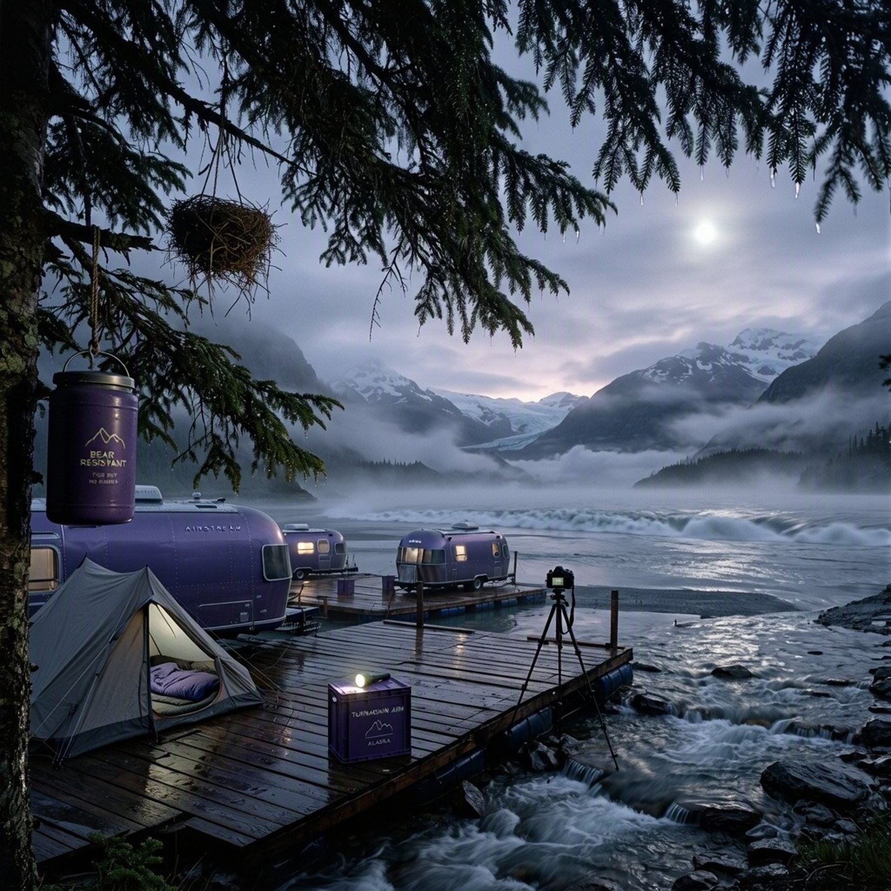 A quiet campsite floats beside a cold, babbling creek beneath tall spruce trees. Purple trailers and a small canvas tent rest on the wet wooden platform. Fog drifts across the water as moonlight shines over the distant tidal waves.