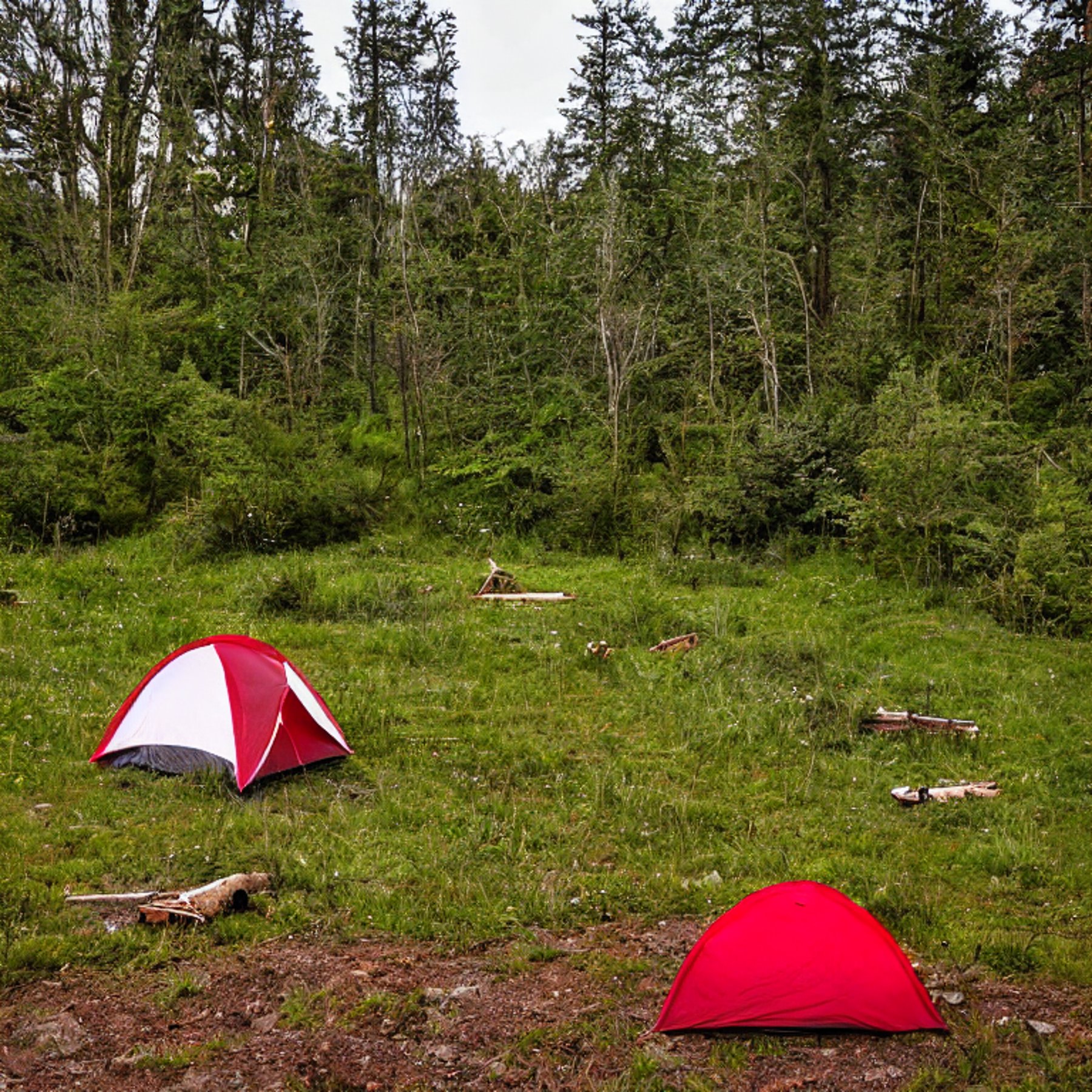 A red and white tent rests beside a quiet creek on a rainy night. Tall grass, a large rock, and a stone-ringed campfire surround the cozy campsite. Wet paths and soft firelight create a peaceful outdoor mood.