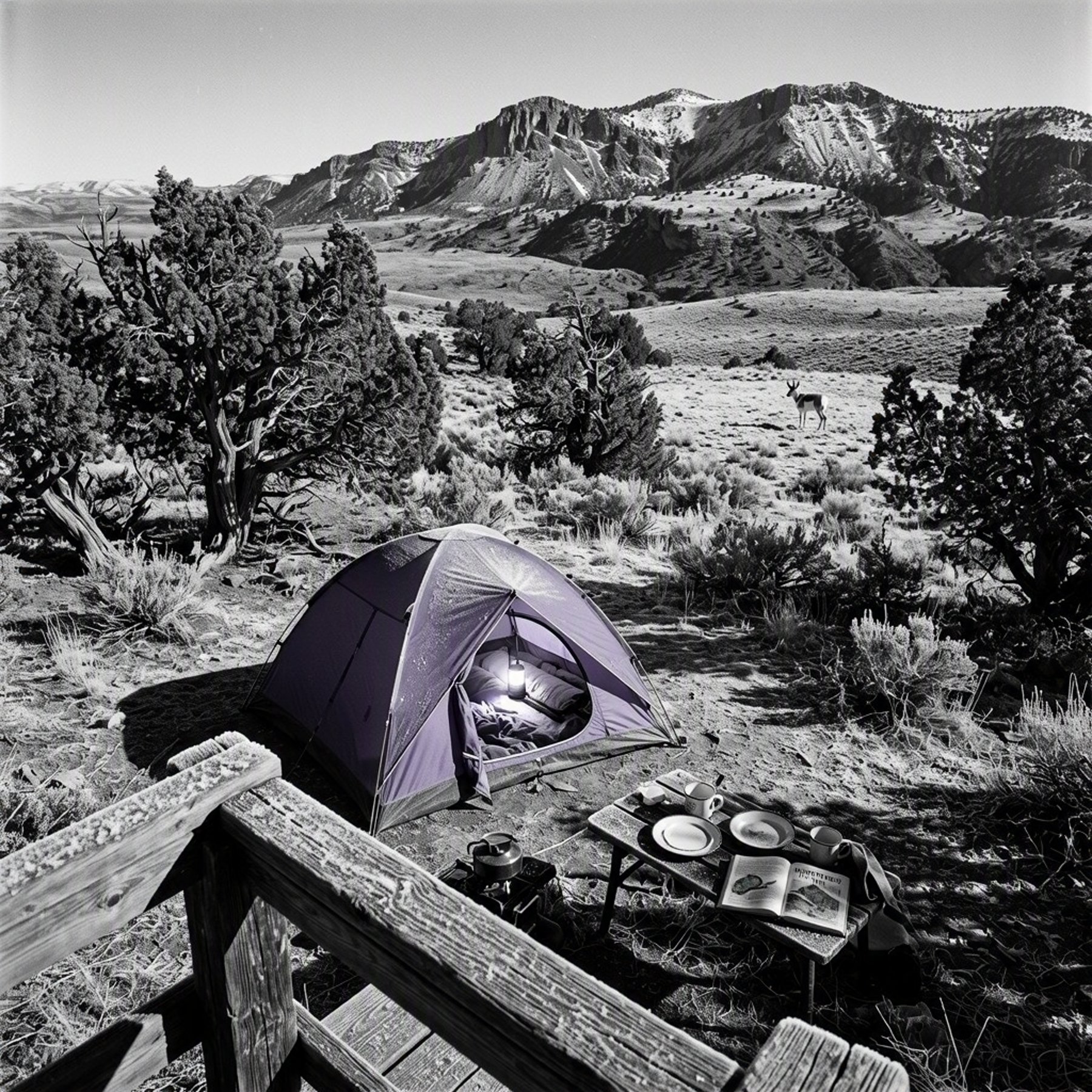 A purple tent rests in a frosty clearing among sagebrush and juniper trees. Rugged mountain ridges rise behind it, while a lone pronghorn stands far away. A small table holds camping dishes and a field guide, and a warm flashlight glows inside the tent.