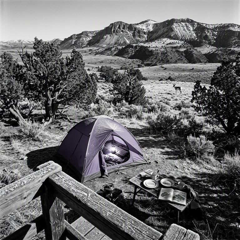 A purple tent rests in a frosty clearing among sagebrush and juniper trees. Rugged mountain ridges rise behind it, while a lone pronghorn stands far away. A small table holds camping dishes and a field guide, and a warm flashlight glows inside the tent.