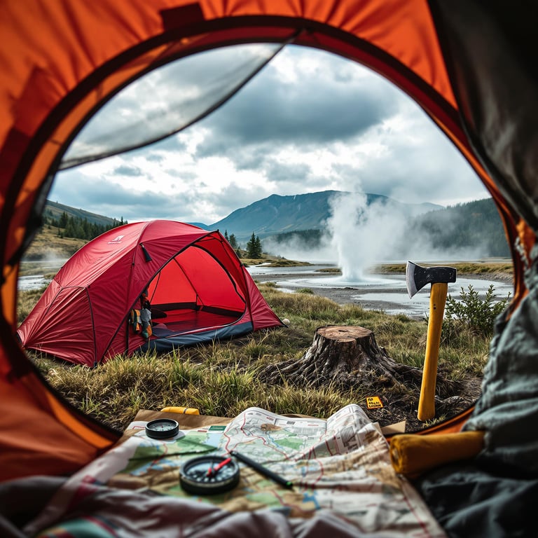 Nestled near a steaming geyser, this campsite offers a breathtaking view of distant mountains under a cloud-filled sky. A cozy red tent sits by the bubbling water, inviting adventurers to explore the wild. The fresh air is filled with the promise of adventure and discovery.
