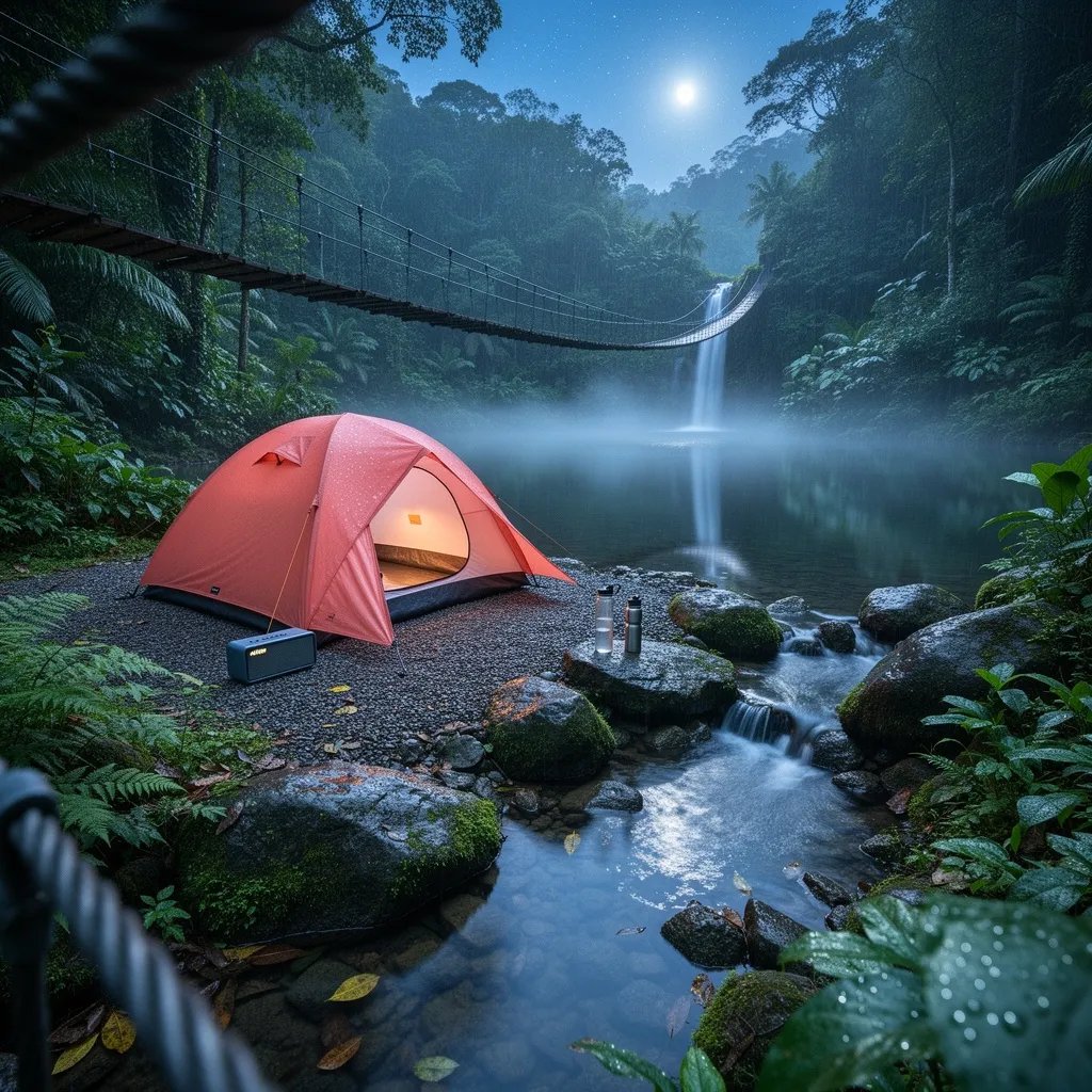 A coral-colored tent sits on a gravel patch beside a calm pond in a warm rainforest night. Moonlight and a small lantern glow shimmer on wet rocks while a tiny waterfall spills into a shallow stream. Mist floats over the water, and thick ferns crowd close around the quiet camp.