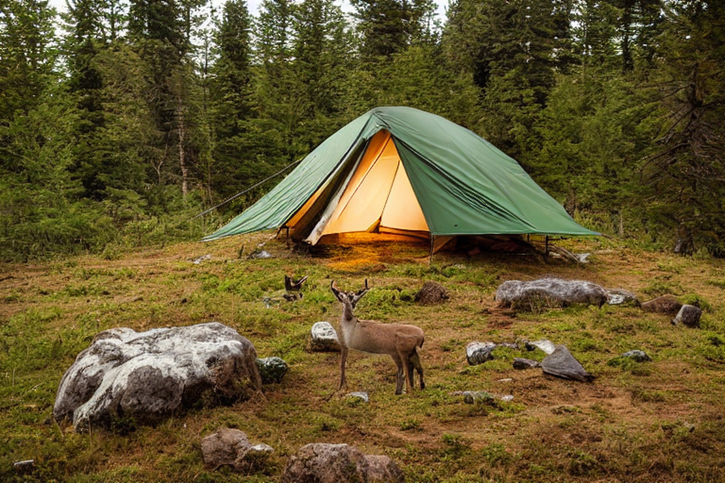 A green tent rests on a rocky dirt campsite beside a warm hot spring. Stormy sunset clouds fill the sky as a guitar lies near the tent. A deer stands quietly in the distant forest.