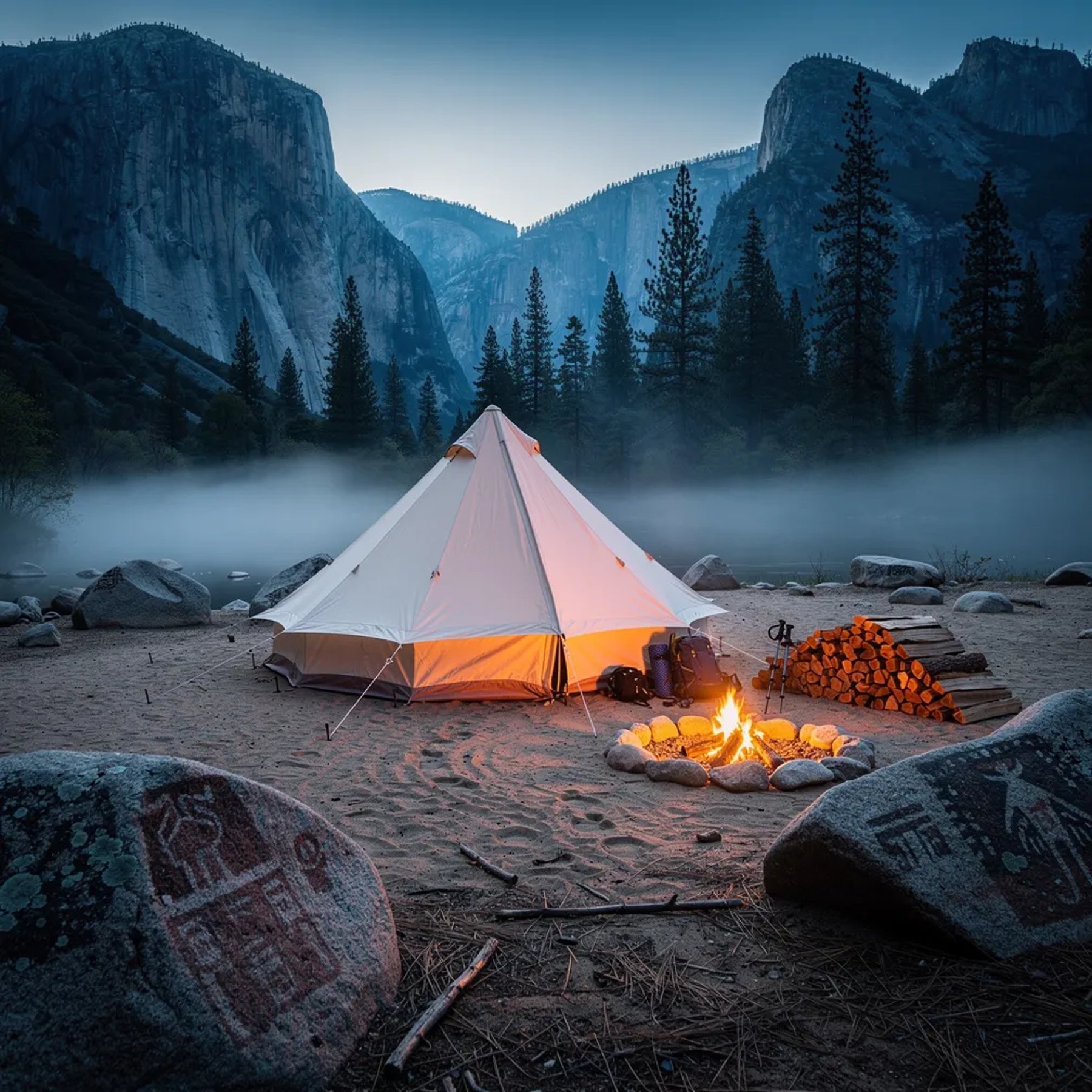 A cream canvas tent sits on sandy ground at the edge of a pine forest, with huge granite mountains rising behind it. Cool blue twilight fills the air while a small campfire glows warm and bright, lighting up stacked firewood and scattered stones. Thin mist drifts between the trees, and nearby boulders show faint, weathered rock drawings.