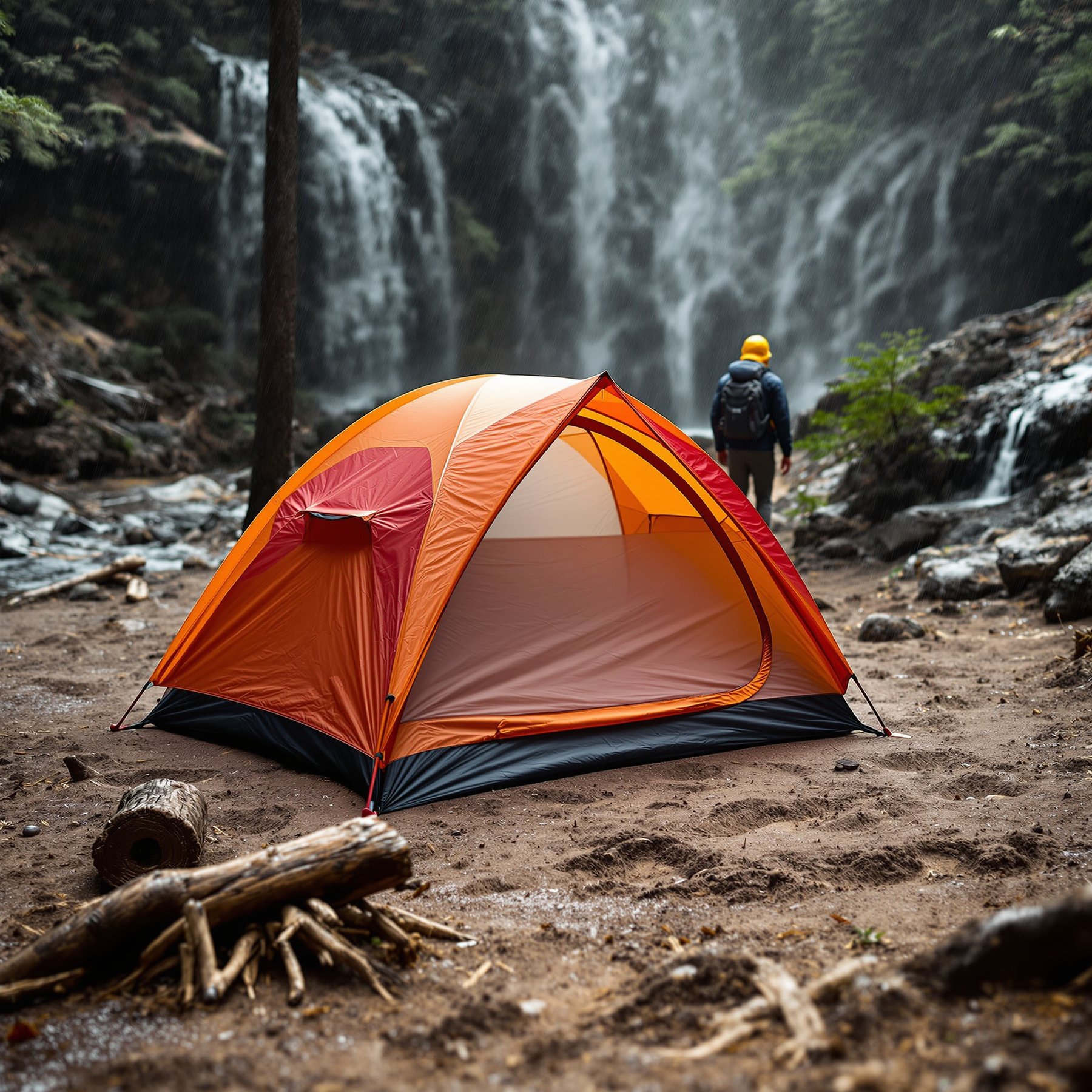 This campsite sits by a big, rushing waterfall with tall trees all around. The bright orange tent looks cozy and dry. You can hear the water and feel the fresh air everywhere!