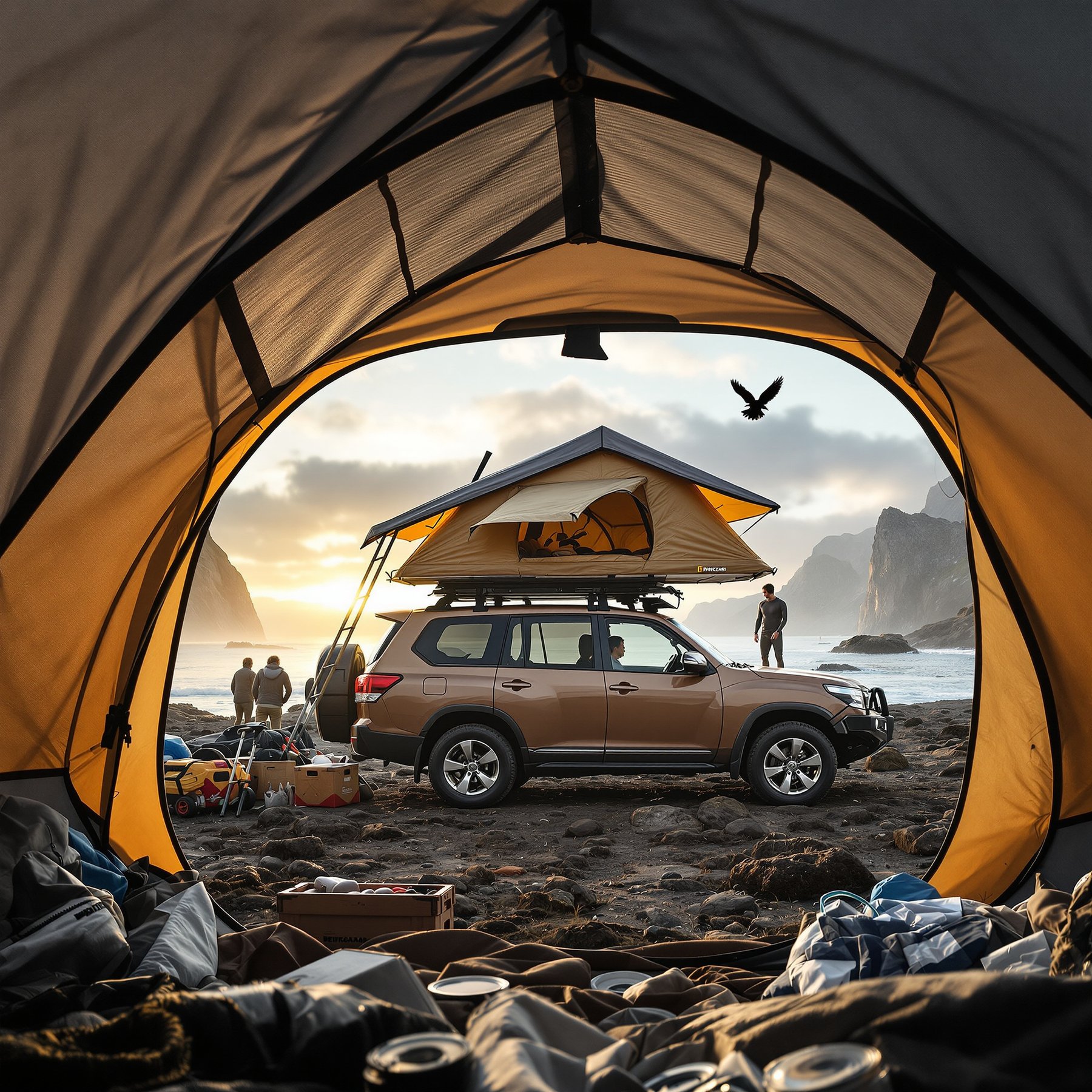 Wake up to the sound of ocean waves and a golden sunrise at this rocky beach campsite. A cozy tent sits on top of a car, surrounded by friends and beautiful cliffs. It’s the perfect spot for adventure by the sea!