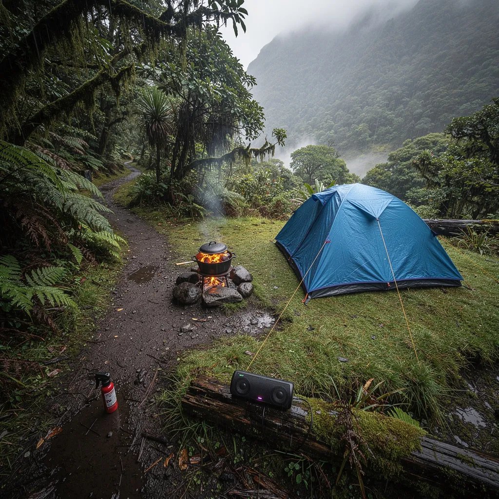 A sky-blue tent sits in a small clearing in a wet, green rainforest, with mist curling through the valley nearby. The ground shines from fresh rain, and the midday sky looks a little dim, like the sun is hiding. A cast-iron pot warms on glowing coals, and a small speaker rests on a log by the muddy trail.