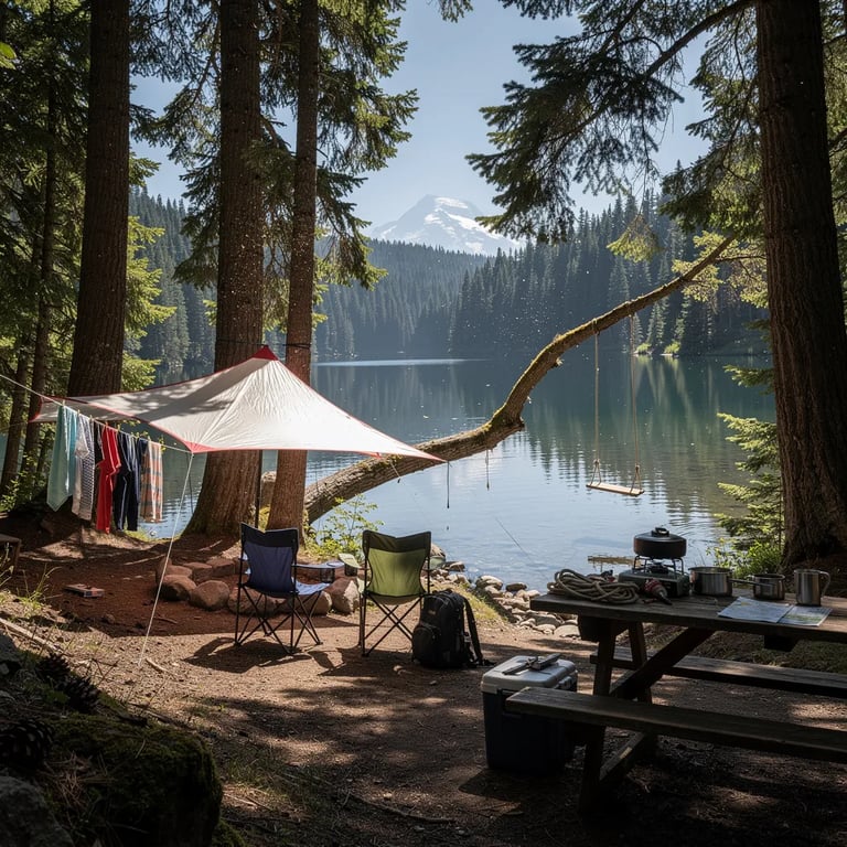 Tall evergreen trees ring a quiet mountain lake that shines like a mirror in the bright sun. A red-and-white tarp shelter sits between the trunks, with two chairs and a picnic table set up for lunch. Shirts and towels flutter on a clothesline, and a rope swing hangs nearby, ready for a turn.