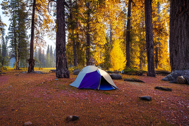 A bright purple tent rests on a paved campsite in Yosemite as the sun sets. Autumn trees glow in shades of gold and red, while a clear stream winds nearby. Mossy trunks, fallen leaves, and twigs add a cozy woodland feel.