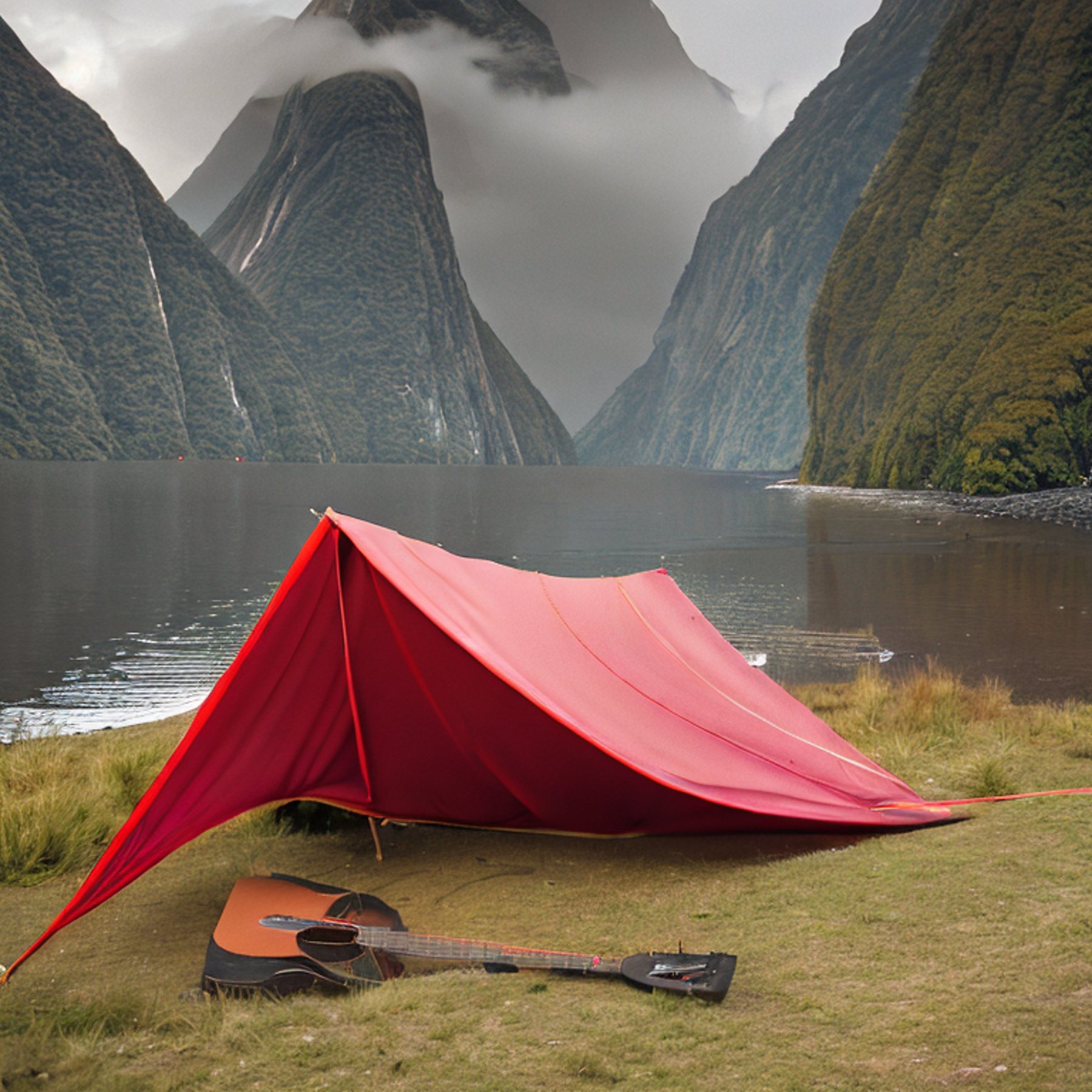 A bright red tent rests on a quiet paved campsite beneath the misty mountains of Milford Sound. A wooden guitar and small twigs lie on the dirt nearby, adding a cozy, peaceful touch to the foggy night.