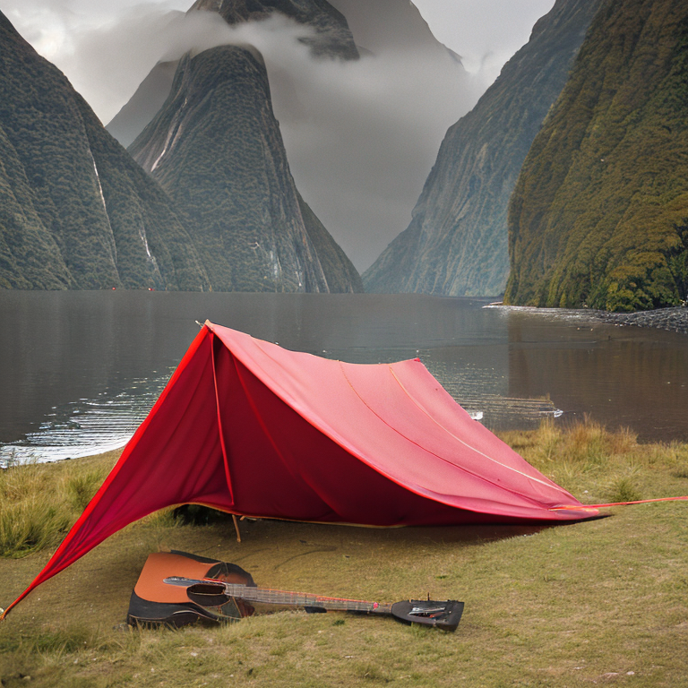 A bright red tent rests on a quiet paved campsite beneath the misty mountains of Milford Sound. A wooden guitar and small twigs lie on the dirt nearby, adding a cozy, peaceful touch to the foggy night.