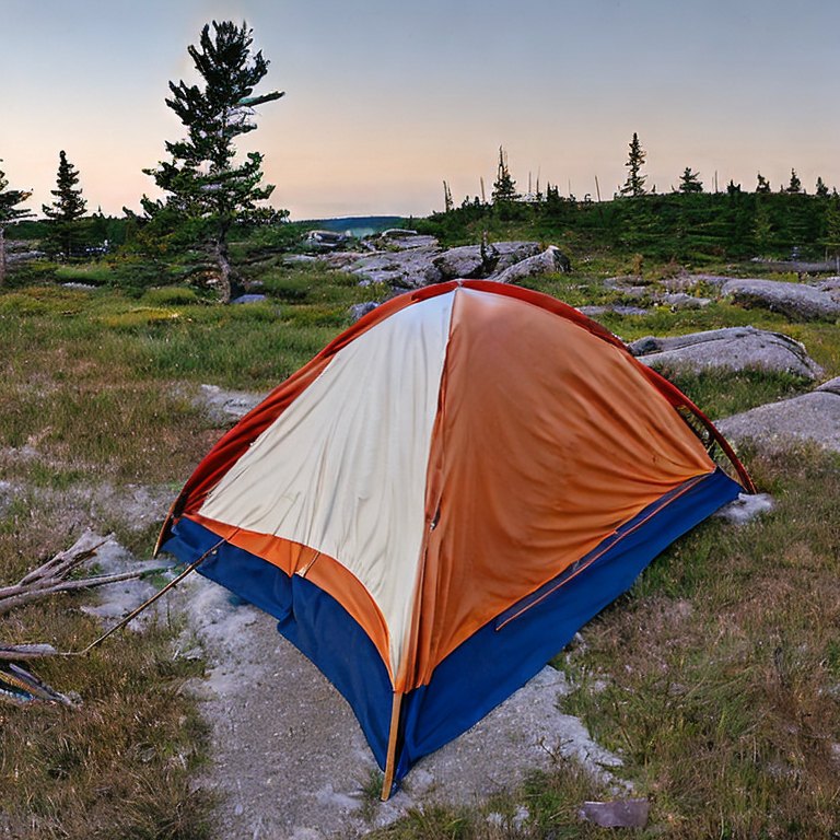 A cozy tent rests on a paved campsite in snowy Acadia National Park. Tall grass, rocky ground, and a large log surround the campfire, while a pale moon hangs in the sky.