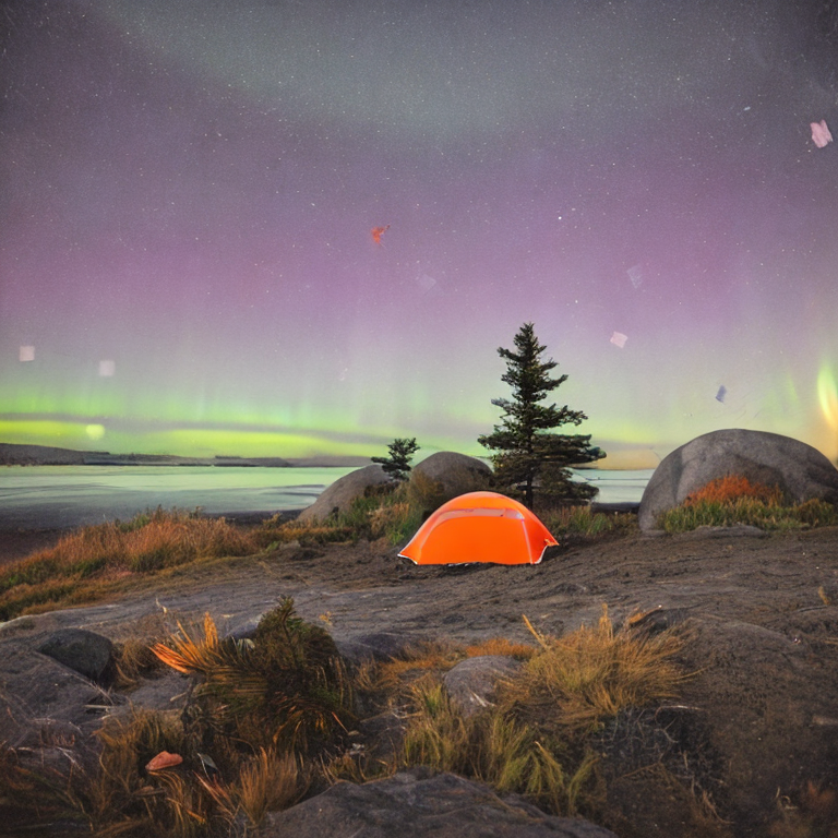 A gray and orange tent rests on a quiet beach beneath bright northern lights. Snowy hills, colorful fall trees, and large boulders surround the campsite. In the distance, a person’s flashlight glows softly in the night.