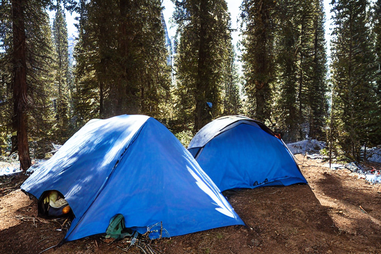 A bright blue tent rests on a paved campsite in snowy Yosemite at night. Ferns, berry bushes, and a box of camping gear surround the dirt patch, while tall trees and snowy peaks create a quiet, wild setting.