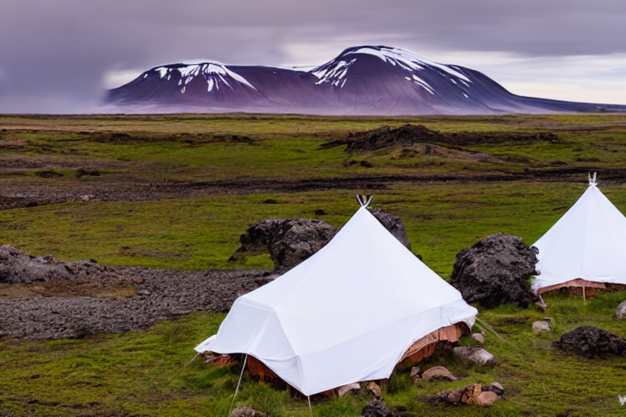 A white tent rests on a dirt campsite in Iceland as the sunset glows through the tall trees. Clothes hang from a nearby line, while rain and a large rock add to the quiet, rugged scene.