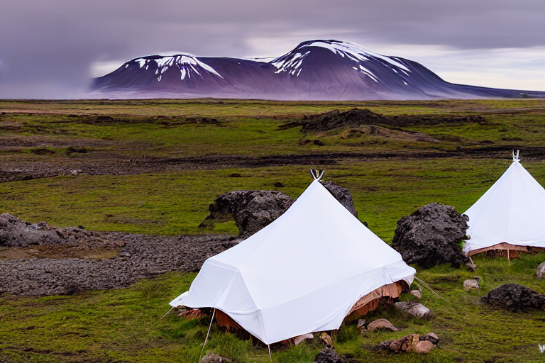 A white tent rests on a dirt campsite in Iceland as the sunset glows through the tall trees. Clothes hang from a nearby line, while rain and a large rock add to the quiet, rugged scene.