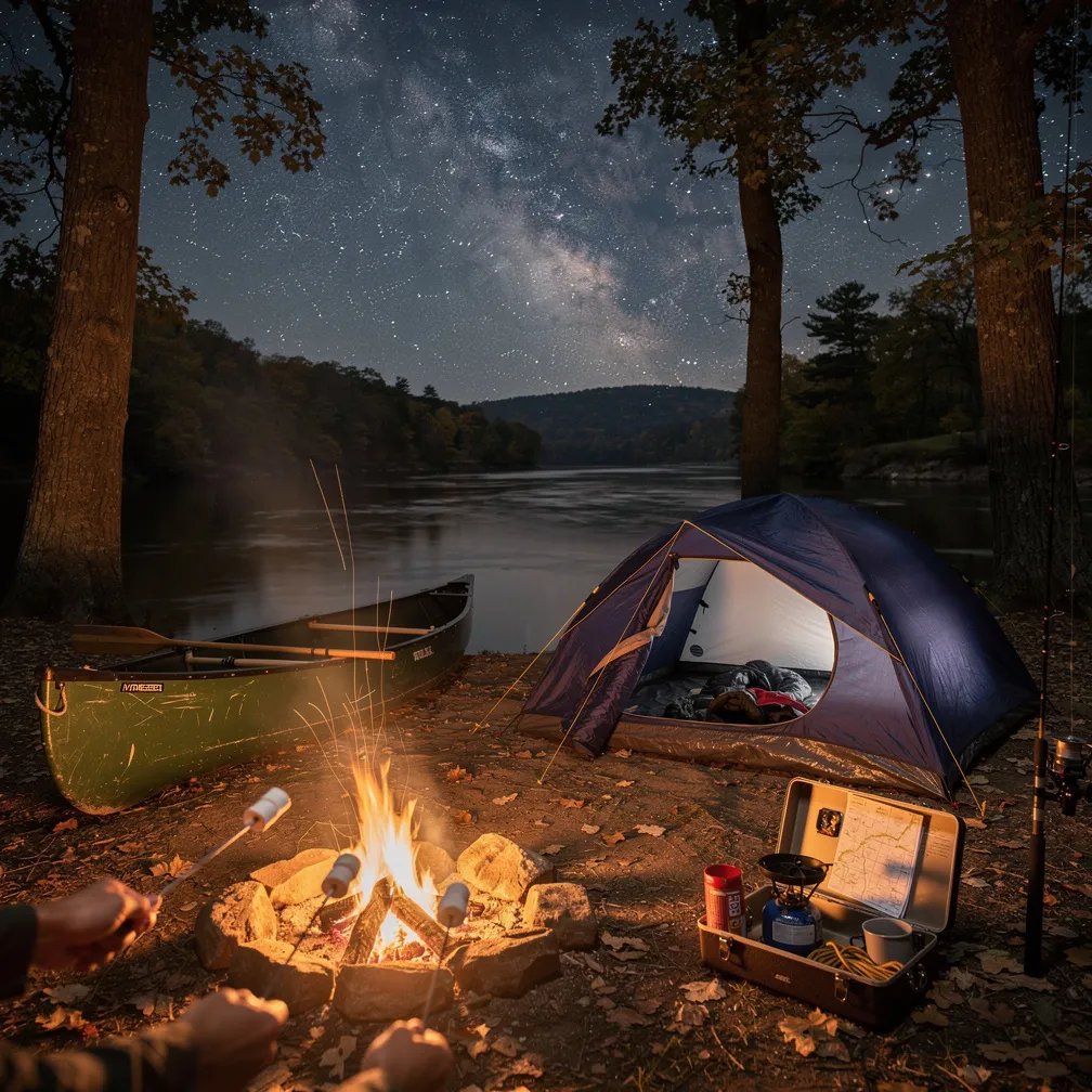 A navy blue tent sits by a quiet river under a sky full of stars and the Milky Way. A warm campfire glows as marshmallows toast on sticks, and a lantern lights up the camping gear nearby. A canoe rests on the bank, with a fishing rod leaning on a tree, while thin smoke drifts into the cool night air.