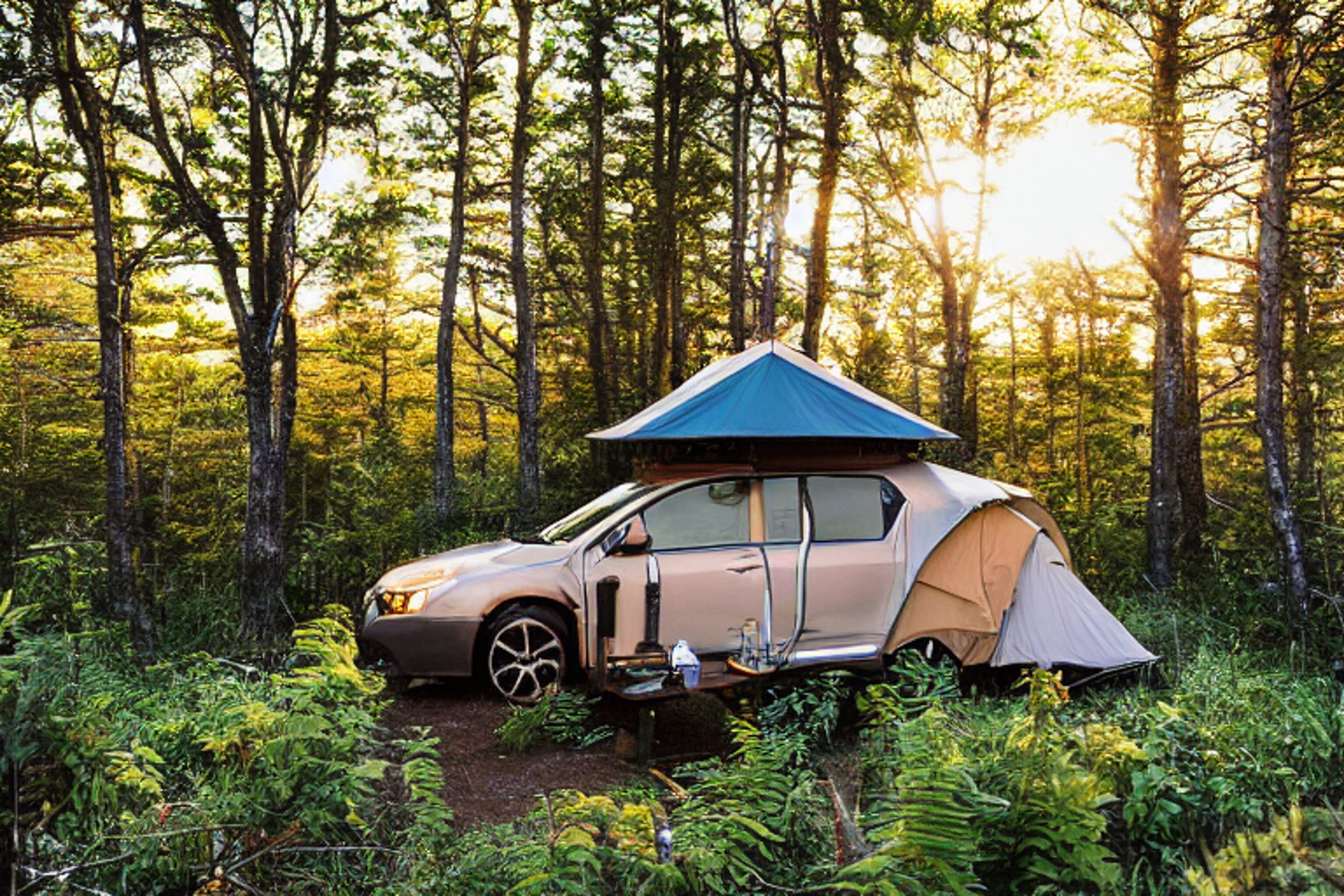 A Subaru with its rooftop tent open rests in a forest clearing in Acadia National Park. Ferns and tall trees surround the dirt campsite, while logs circle a quiet campfire. Golden light breaks through the stormy sky, creating a cozy wild feeling.