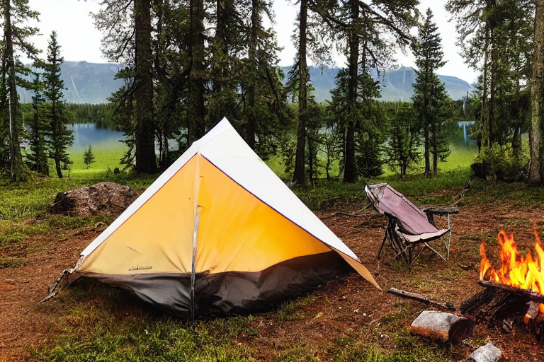 A colorful tent sits beside a calm lake as rain falls beneath a glowing sunset. A warm campfire crackles on the dirt, with a wooden guitar resting nearby. Tall grass and hikers surround this peaceful campsite.
