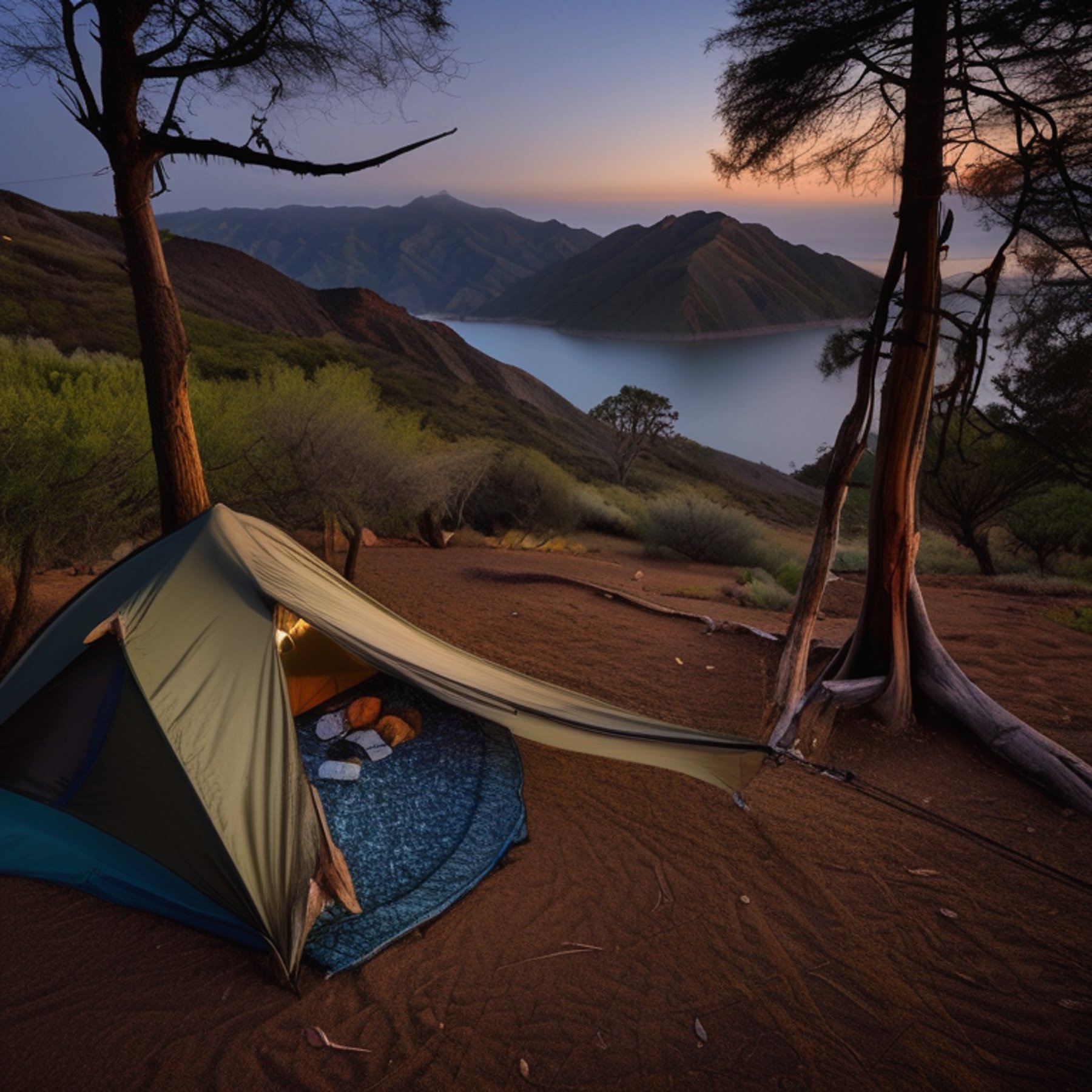 A cozy tent rests on a rainy campsite beneath the dark California sky. A hammock hangs between the trees, while a wooden guitar sits near the leafy ground. Mountains rise in the distance, adding a peaceful wild touch.